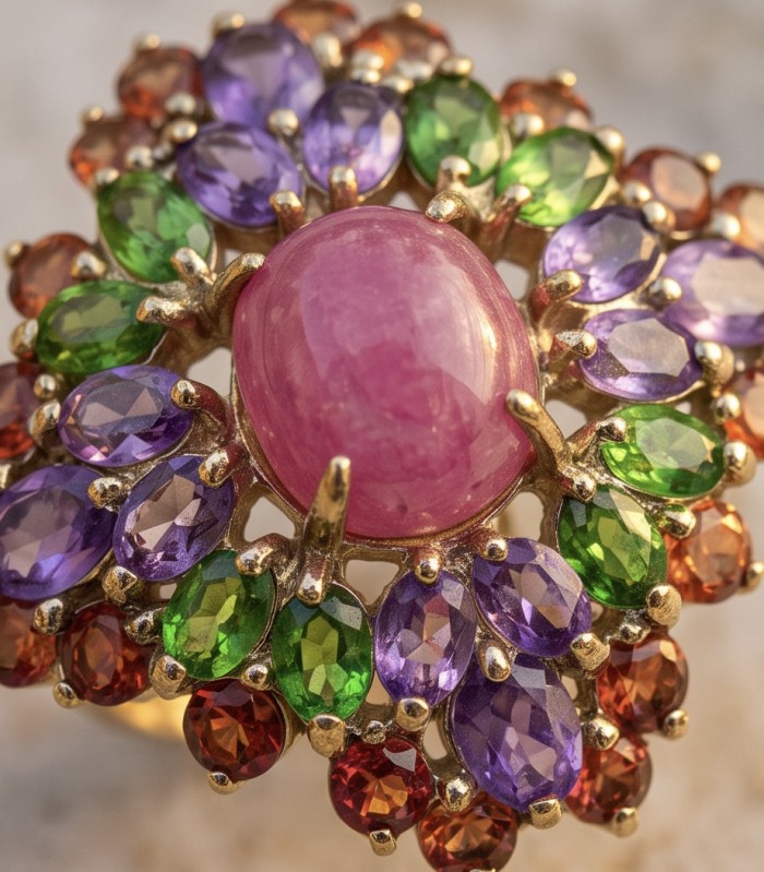 Giovanna Natural 28.6 carat Ruby .925 Sterling Silver dipped rhodium handmade Statement Ring size 7 - Close-up of Giovanna ruby with multicolored gemstones in silver setting