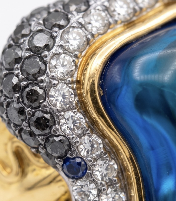 Blue Rhapsody - 18.5 carat natural Swiss Blue Topaz .925 Sterling Silver dipped in 22K Gold handcrafted Large Statement Ring size 7 1/2 - Close-up of Blue Rhapsody jewelry with topaz and diamonds.