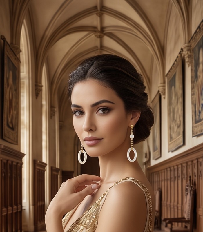 Genuine Blister Pearl lab grown Diamond 18K Gold over .925 Sterling Silver handcrafted Statement Earrings - Woman wearing genuine blister pearl earrings in elegant setting