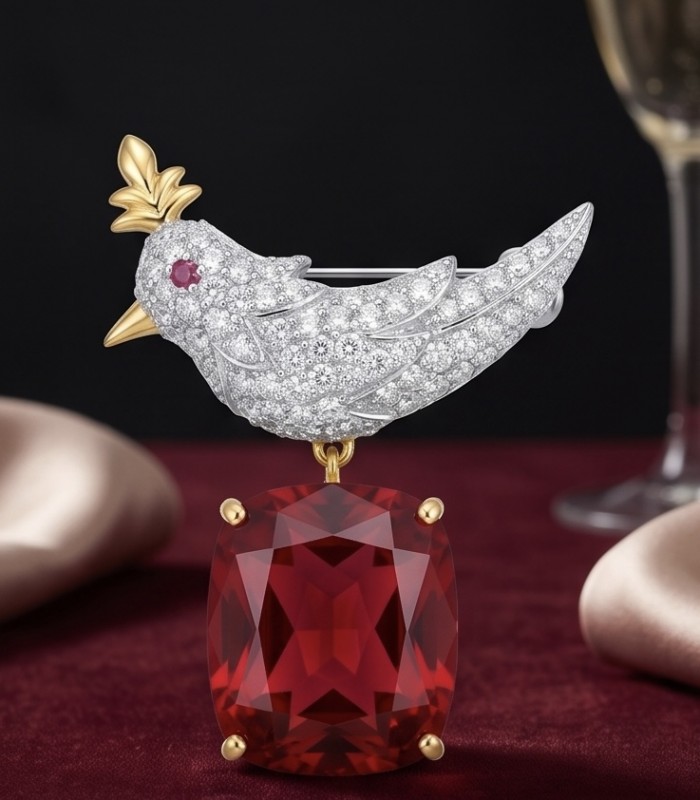 Bird on a Rock - Iconic design - Genuine 12.5 carat Ruby 18K Gold over .925 Sterling Silver handmade Brooch - Bird on a Rock brooch with 12.5 carat ruby, side view.