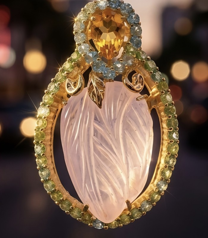 Vintage Floral design genuine 41.5 carat carved Brazilian Rose Quartz 18k Gold over .925 Sterling Silver handmade Pendant - Brooch - Close-up of vintage floral pendant with carved gemstone and colorful accents.