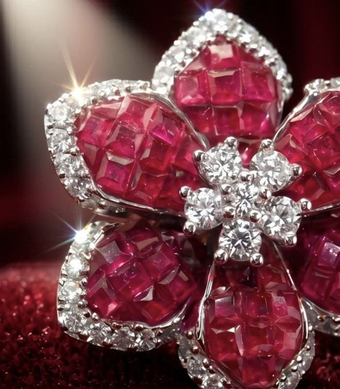 Born to Glam - floral design- authentic 10.2 carat Ruby .925 Sterling Silver handcrafted earrings - Floral design ruby and diamond jewelry, stone close-up.
