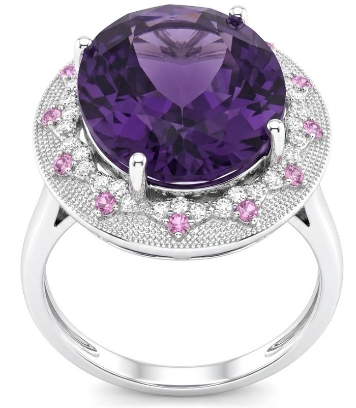 Purple Symphony 15.5 carat natural Amethyst rhodium over .925 Sterling Silver Handcrafted Ring size 8 adjustable - Stone close-up of Purple Symphony 15.5 carat Amethyst ring