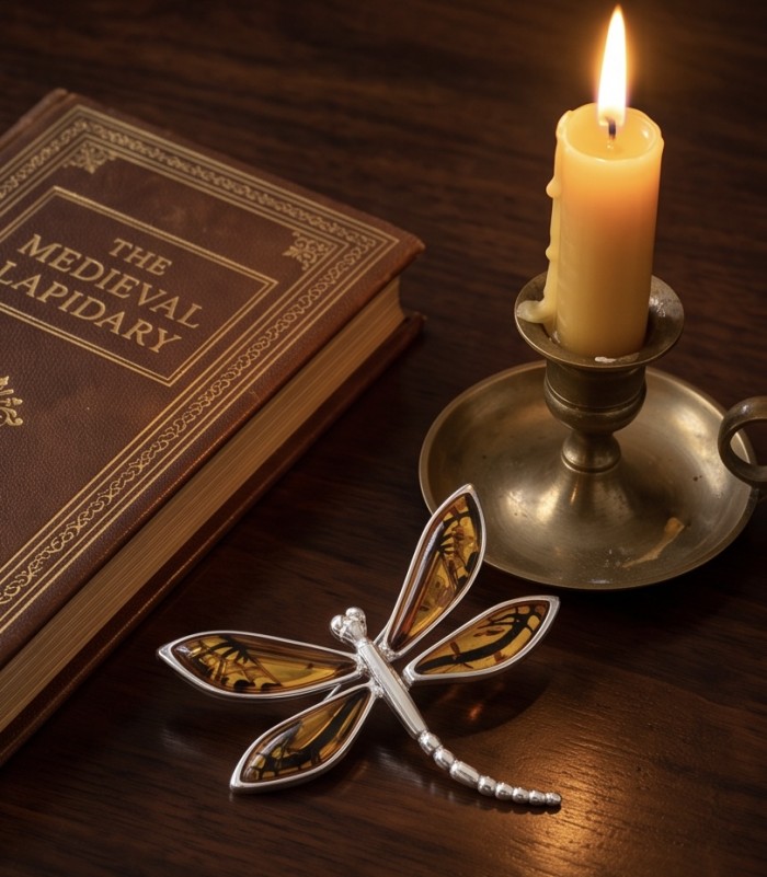 Dragonfly Natural CARVED Baltic Amber .925 Sterling Silver handmade Pendant - Dragonfly bracelet with Baltic amber on wood beside candle and book.