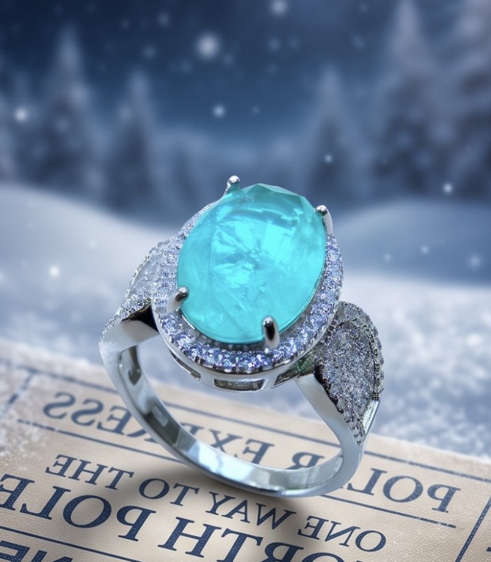 Elizabeth oval cut 14.8 carat Colombian Emerald .925 Sterling Silver dipped in Rhodium handcrafted Ring size 8 - Close-up of Elizabeth 14.8 carat Colombian Emerald ring.