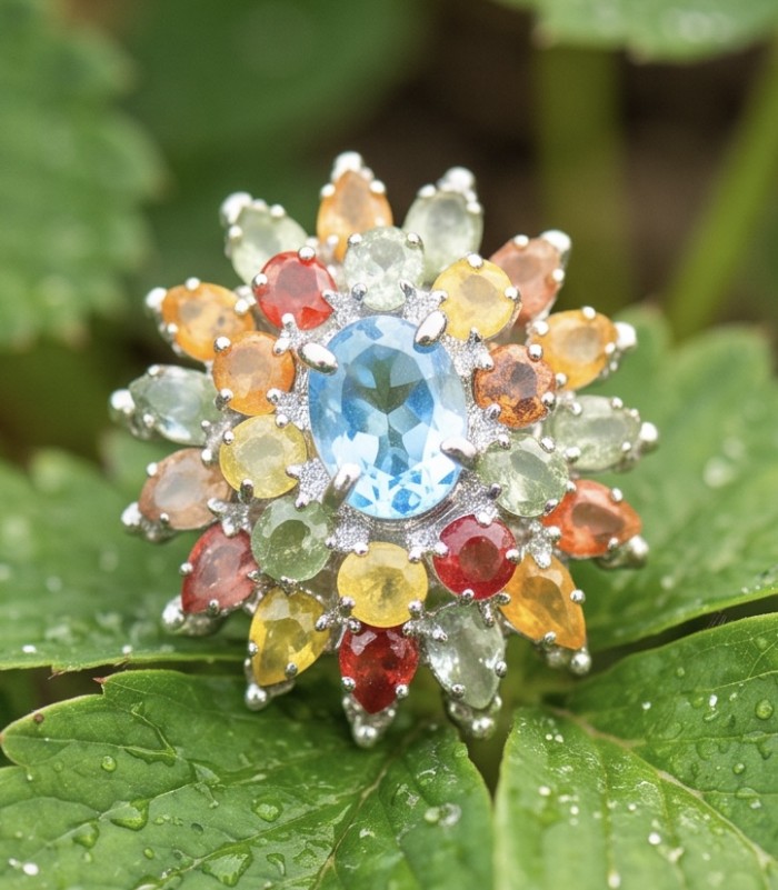 Fiesta 11.8 carat Swiss Blue Topaz .925 Sterling Silver dipped in rhodium handcrafted ring size 7 3/4 - Close-up of Fiesta Swiss Blue Topaz ring on leaves, showcasing colorful gems.