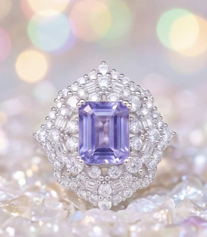 Born to Glam 4.2 carat natural Tanzanite .925 Sterling Silver dipped in rhodium Perfectly handcrafted Ring s. 8 1/2 - Close-up of Born to Glam Tanzanite ring on shimmering background