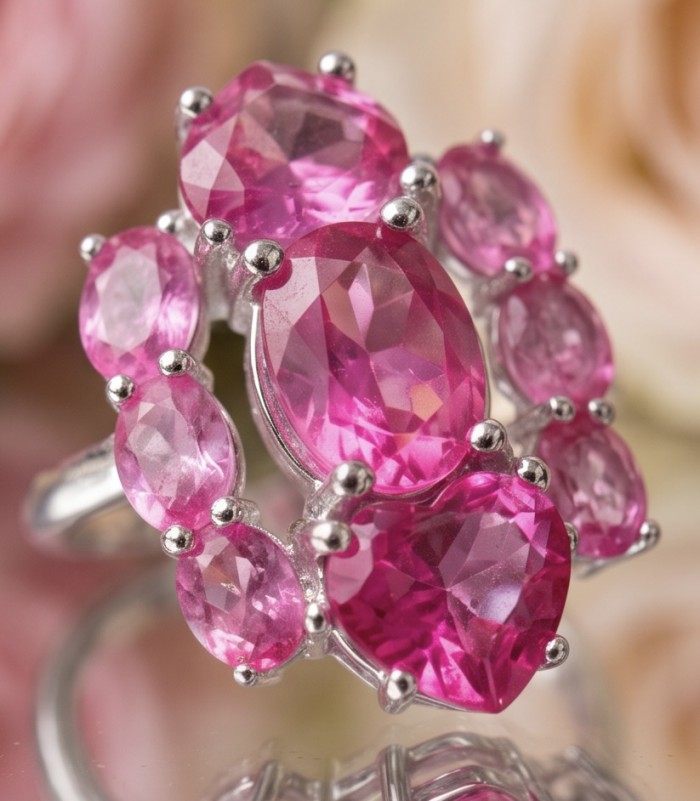 Isabella 10.2 carat Hot Pink Topaz .925 Sterling Silver Perfectly handcrafted Statement Ring size 7 - Close-up of Isabella 10.2ct hot pink topaz on .925 sterling silver ring