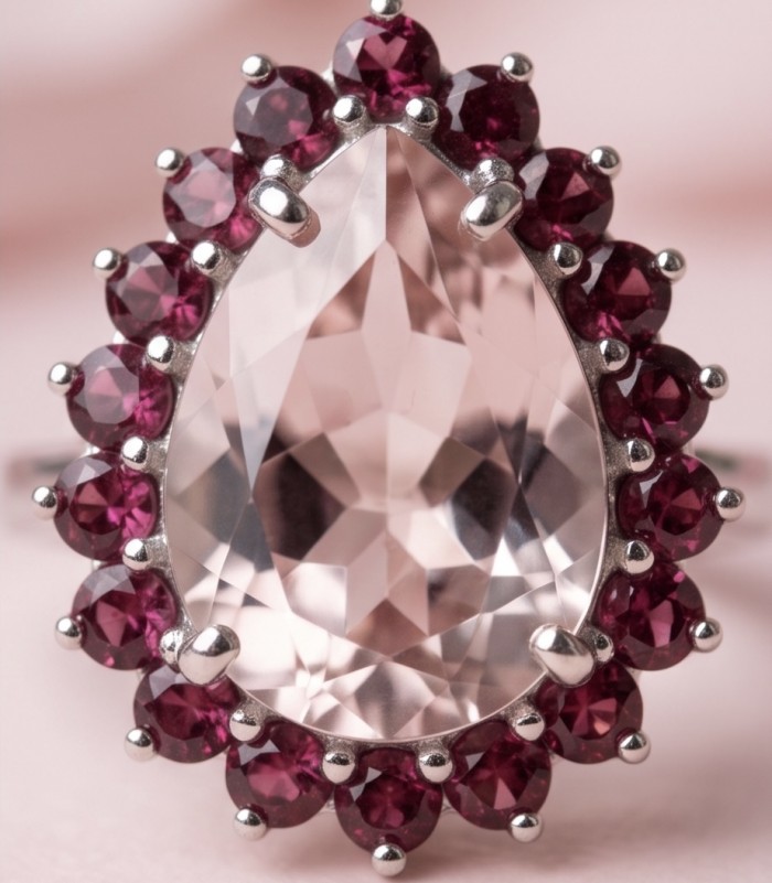 Nirvana Natural Fancy pear cut 15.8 carat White Topaz .925 Sterling Silver dipped in rhodium handmade Statement Ring size 8 - Close-up of pear-cut white topaz ring with red gem halo.