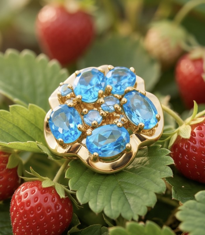 ENCHANTED GARDEN 14.3 carat Swiss Blue Topaz .925 Sterling Silver dipped in 22K Gold handcrafted ring size 6 3/4 - Close-up of ENCHANTED GARDEN Blue Topaz brooch among strawberries.