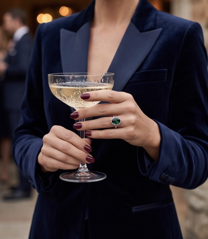 Exotic Beauty oval cut 17.5 carat Helenite .925 Sterling Silver handmade Ring s. 8 - Woman wearing oval cut Helenite ring holding a glass.
