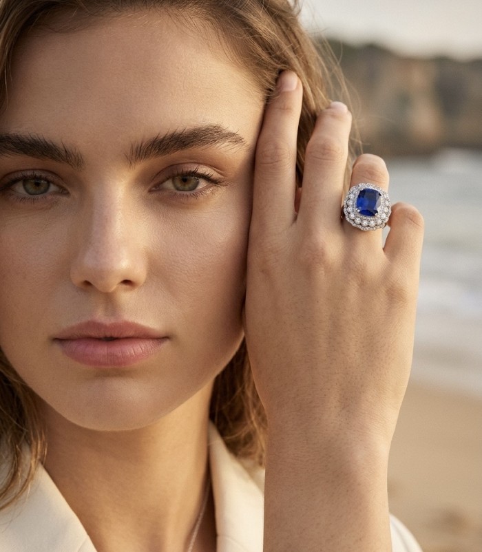 Precious Design oval cut 22.9 CARAT Tanzanite rhodium over .925 Sterling Silver Statement Ring s. 6 3/4 - Woman wearing Precious Design Tanzanite ring on hand close-up.