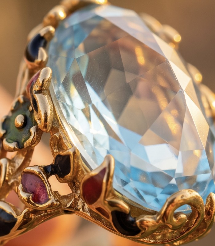 Nirvana Natural Fancy Rose cut 22.8 carat Swiss Blue Topaz .925 Sterling Silver dipped in 22K Gold handmade Statement Ring size 7 1/4 - Stone close-up of Nirvana Swiss Blue Topaz with ornate gold setting.