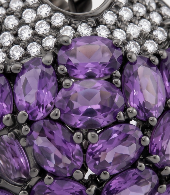 Mademoiselle - 18.5 carat natural Amethyst .925 Sterling Silver dipped in black rhodium handcrafted Pendant Brooch - Close-up of amethyst stones with diamonds in sterling silver setting