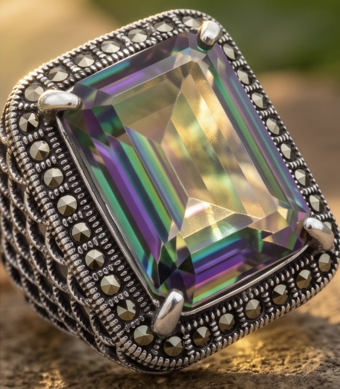 Big Dreamer Massive 25.8 carat Mystic Topaz .925 Sterling Silver handcrafted Large ring size 6 3/4 - Close-up of a Mystic Topaz ring in .925 sterling silver setting.