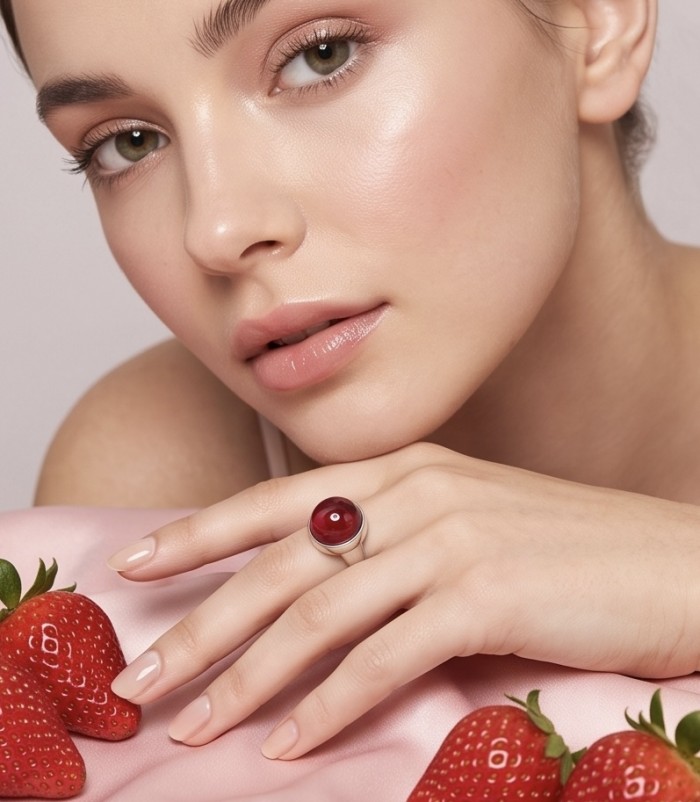 Bella Rosa Genuine 15.5 CARAT Star Ruby rhodium over .925 Sterling Silver Statement Ring size 8 - Star Ruby ring worn on hand with strawberries in the background