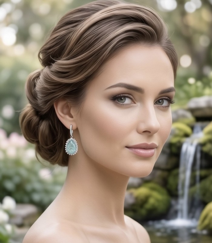Angelina 20.9 carat authentic Aquamarine .925 Sterling Silver Handcrafted Earrings - Side view of worn Angelina aquamarine earrings with waterfall backdrop.