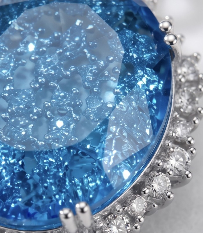 Angelina 10.9 carat authentic Swiss Blue Topaz .925 Sterling Silver Handcrafted handmade Pendant - Close-up of Angelina 10.9ct Swiss Blue Topaz with diamond accents