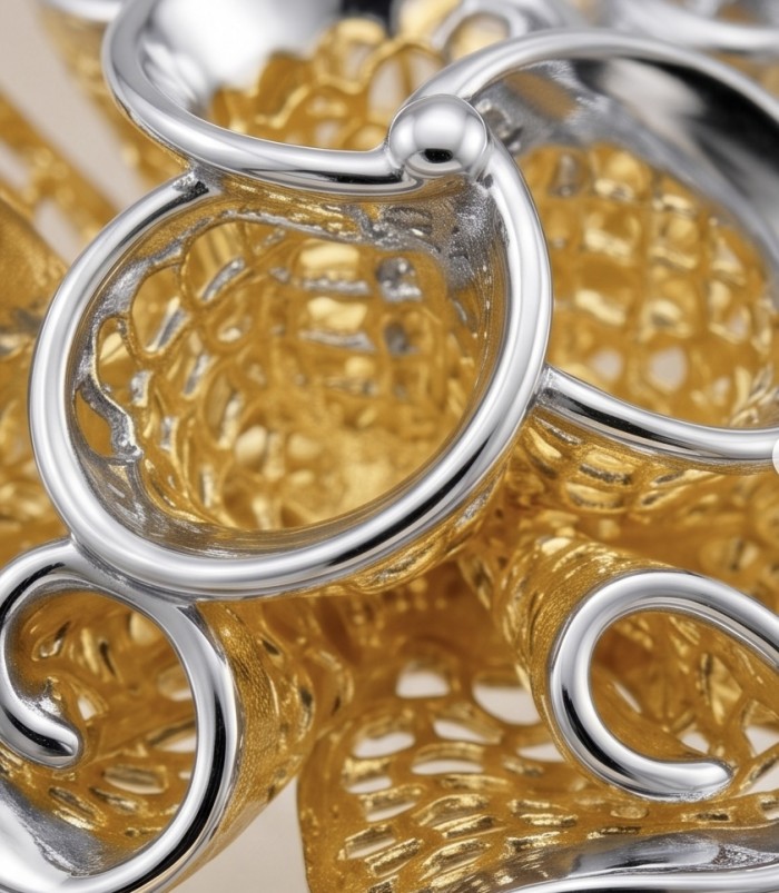 GOLDEN ROSE- Dubai Style - .925 Sterling Silver dipped in 22K Gold handmade Large ring size 8 - Close-up of intricate silver and gold swirled jewelry detail.
