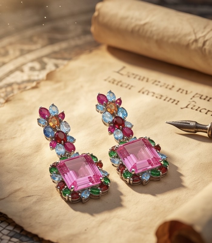 Large - Tiffany - authentic 41.5 carat Pink Sapphire rhodium over .925 Sterling Silver handcrafted Statement Earrings - Pink sapphire earrings with colorful gems on vintage paper, top view.