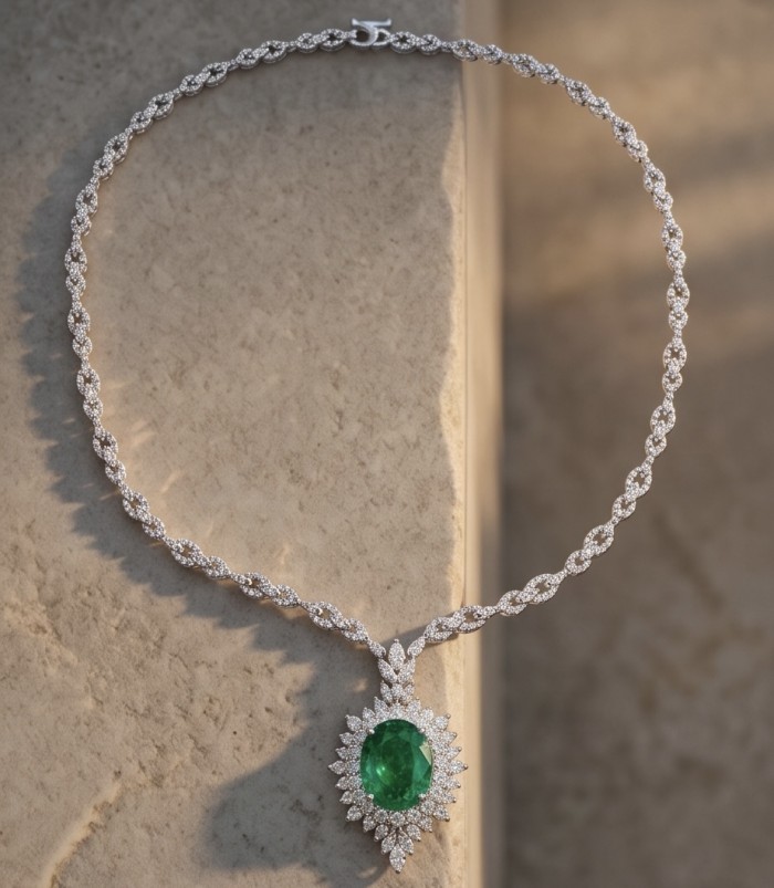 Precious 15.2 carat natural Colombian Emerald rhodium over .925 Sterling Silver .925 Sterling Silver Statement Necklace - Emerald necklace front view showing stone and diamond detailing
