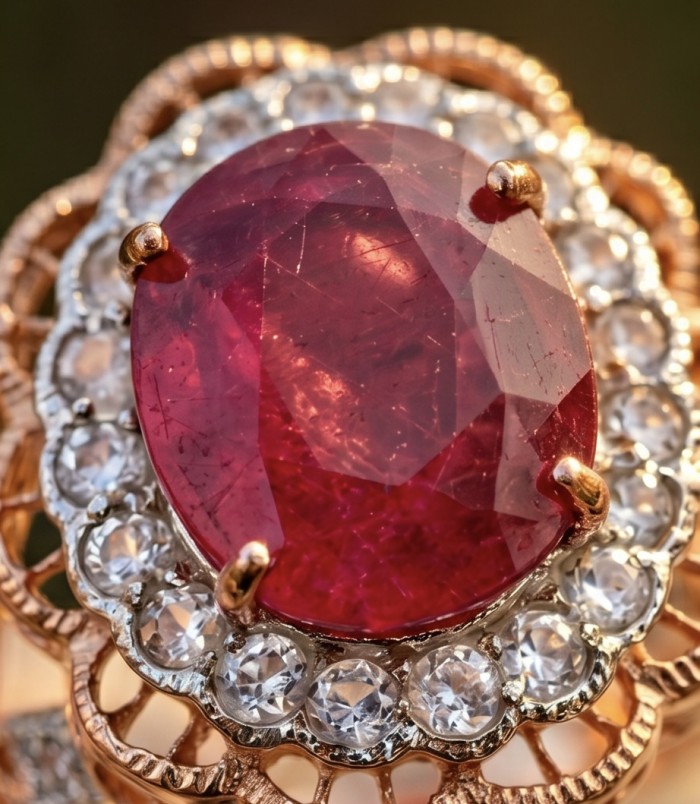 Blooming Rose Natural 18.8 carat Mozambique Ruby 22 Rose Gold .925 Sterling Silver handmade Statement Ring size 5 1/4 - Close-up of 18.8 carat Mozambique ruby in rose gold setting.