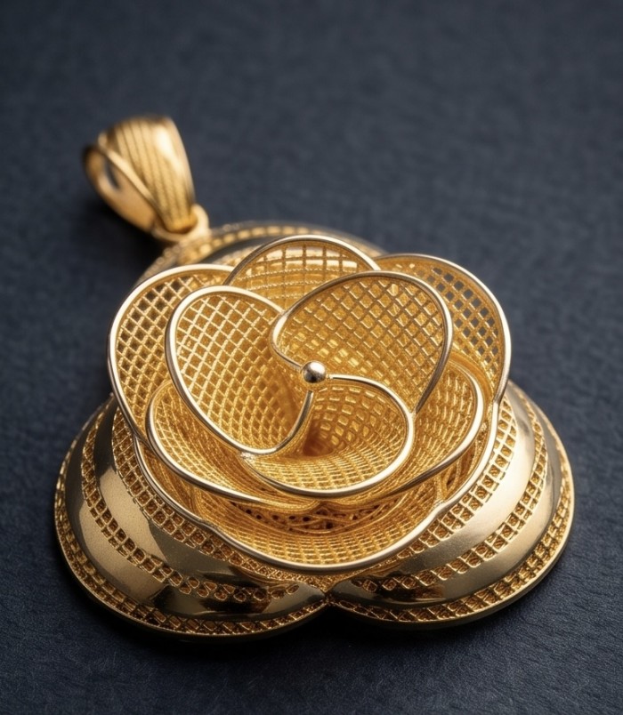Dubai Style - Golden Rose .925 Sterling Silver dipped in 22K Gold handmade Pendant - Golden rose pendant, top view, intricate mesh design in yellow gold tone.