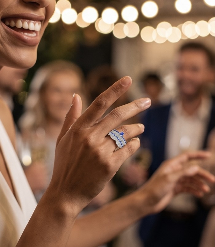 Extravaganza Large 8.6 carat Sapphire .925 Sterling Silver brilliantly handcrafted stack up ring s. 6 - Sapphire ring worn on hand at an event with blurred background.