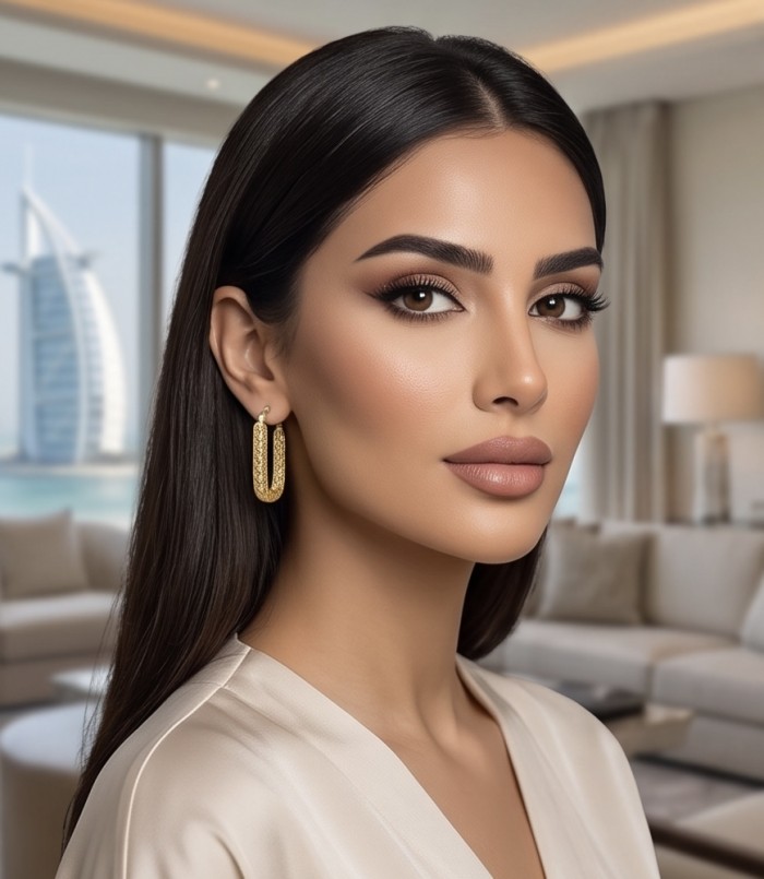Black Label Collection - Dubai Style - Natural 22K Gold over .925 Sterling Silver handmade earrings - Woman wearing earrings, side view, Dubai skyline in background.