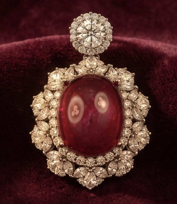 Giovanna 23.2 carat authentic Mozambique Ruby .925 Sterling Silver handmade Pendant - Close-up of Giovanna 23.2 carat Mozambique Ruby brooch on velvet background.