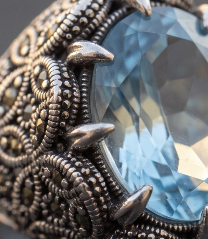 Massive Deep Blue 22.8 carat Aquamarine Marcasite .925 Sterling Silver handcrafted ring size 7 - Close-up of aquamarine stone with marcasite and silver detail.