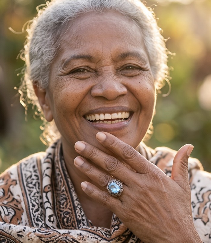 Massive Deep Blue 22.8 carat Aquamarine Marcasite .925 Sterling Silver handcrafted ring size 7 - Aquamarine ring worn on hand, close-up with smile in background.