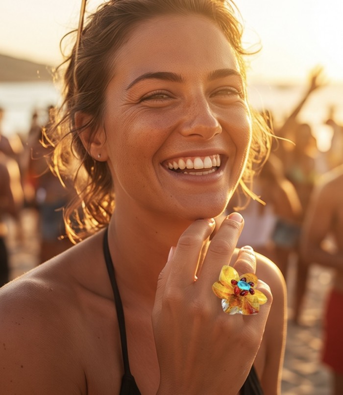 Magical Fern Flower Natural Baltic Amber 4.9 carat Swiss Blue Topaz .925 Sterling Silver handmade Large STATEMENT ring; s. 7 adjustable - Woman wearing Magical Fern Flower ring at the beach, close-up on hand.