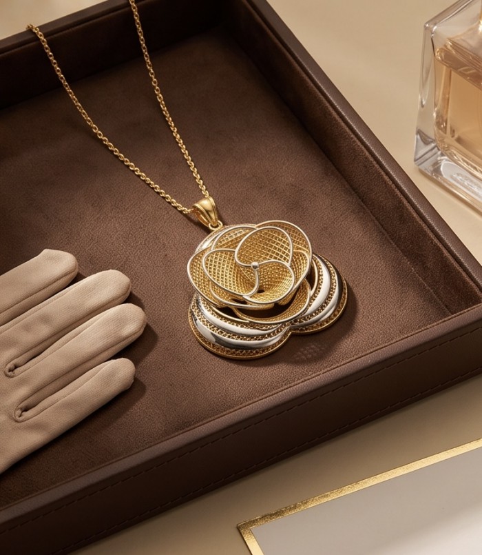 Dubai Style - Golden Rose .925 Sterling Silver dipped in 22K Gold handmade Pendant - Gold rose pendant necklace on display, top view.