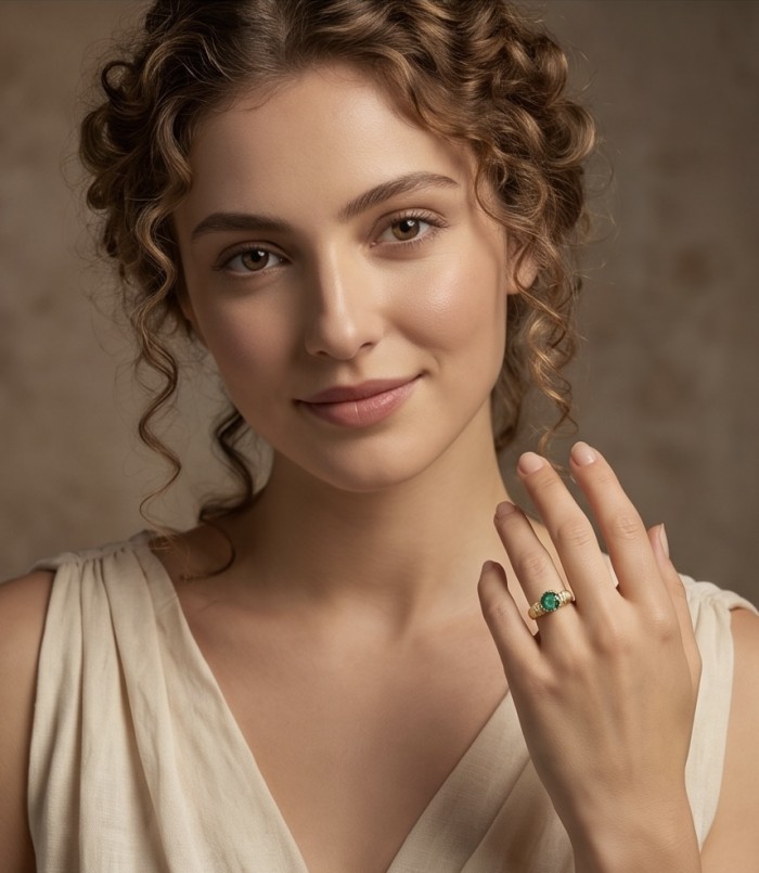 Elizabeth 2.8 carat Colombian Emerald .925 Sterling Silver dipped in Rhodium handcrafted Ring size 6 - Woman wearing Elizabeth 2.8 carat Colombian Emerald on hand