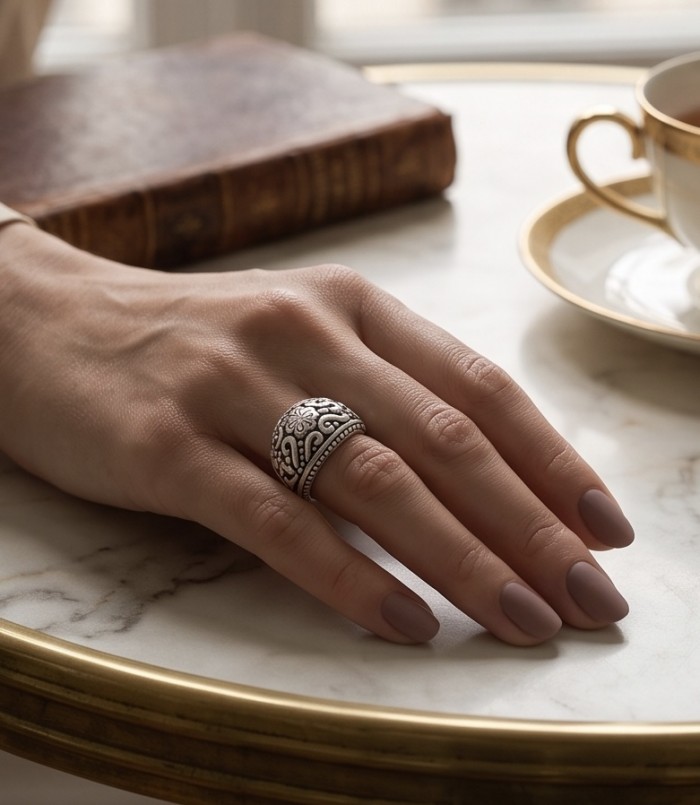 Mantra Solid Bali made .925 Sterling Silver ring size 6 - Sterling silver ring worn on hand, close-up view