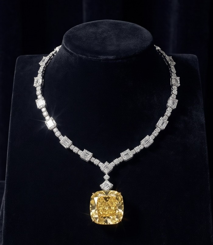 Iconic design - RARE BEAUTY - Valentina 108.2 carat asscher cut Yellow Sapphire .925 Sterling Silver dipped in rhodium Statement Necklace - Necklace front view with yellow diamond centerpiece on display.