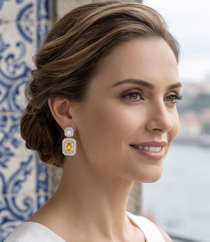 Art Deco - Luxurious baquette cut 8.5 carat Yellow Sapphire rhodium over .925 Sterling Silver handcrafted earrings - Side view of woman wearing Art Deco yellow sapphire earrings