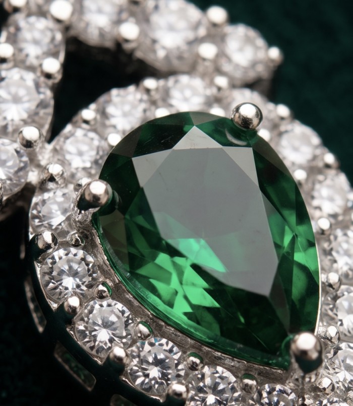 Spectaculat 12.5 carat Tsavorite Garnet .925 Sterling Silver handcrafted earrings - Tsavorite garnet stone close-up with diamond accents on silver setting.