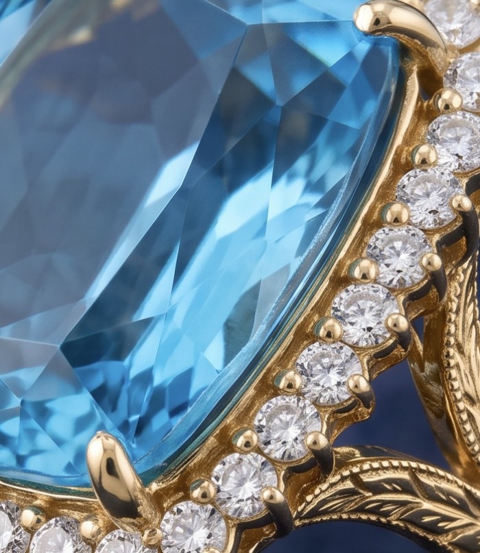 The Ocean Empress 47.8 carat Swiss Blue Topaz 22K Gold over .925 Sterling Silver handcrafted ring size 5 1/2 - Close-up of Swiss Blue Topaz surrounded by diamonds in gold setting.
