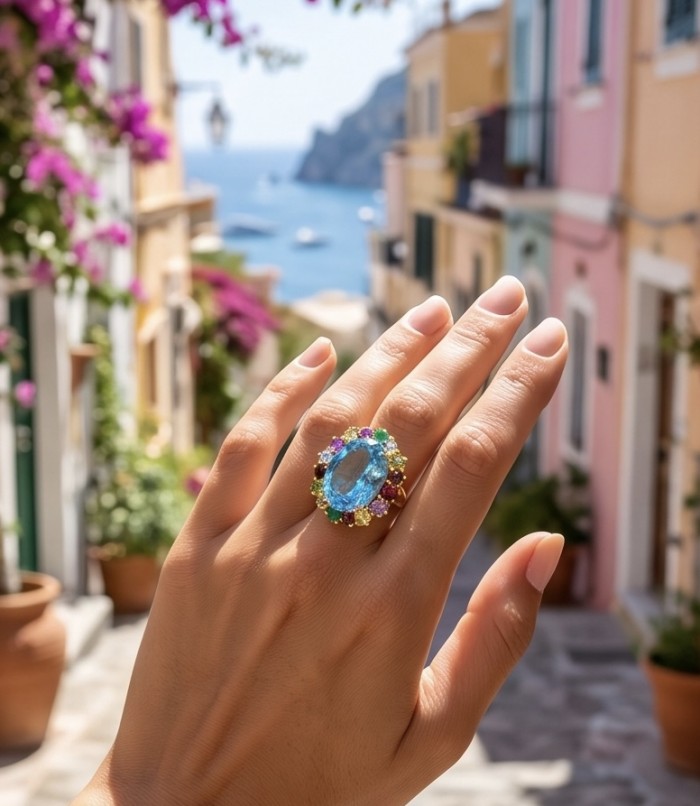The Ocean Empress 55.8 carat Swiss Blue Topaz 22K Gold over .925 Sterling Silver dipped in rhodium handcrafted ring size 8 - The Ocean Empress ring worn on hand, colorful street background.