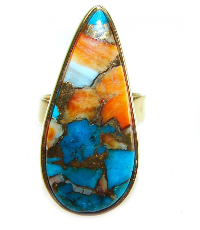 Rare 27.5 carat Oyster Turquoise 18K Gold over .925 Sterling Silver handcrafted Large ring; s. 7 adjustable - Close-up of Oyster Turquoise ring in gold over sterling silver.