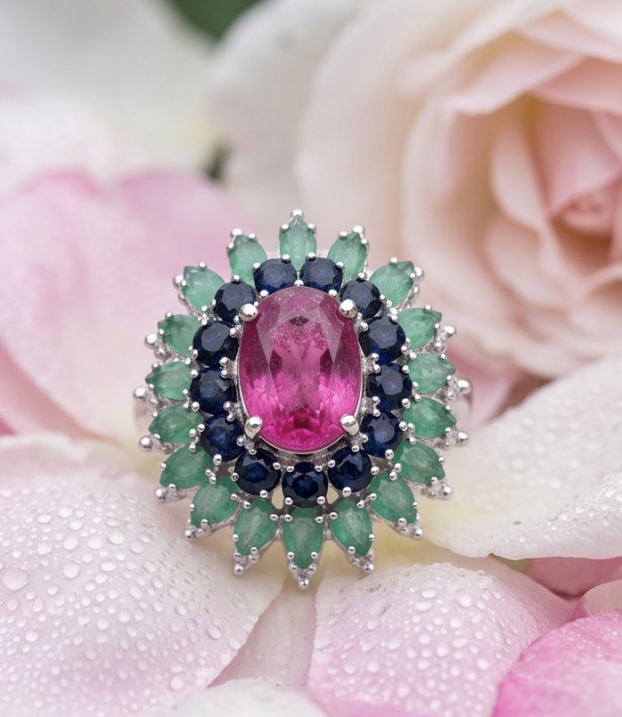 Giovanna 19.2 carat Ruby Emerald Sapphire .925 Sterling Silver dipped rhodium handmade Statement Ring size 6 3/4 - Close-up of Giovanna ruby, emerald, and sapphire ring on petals.