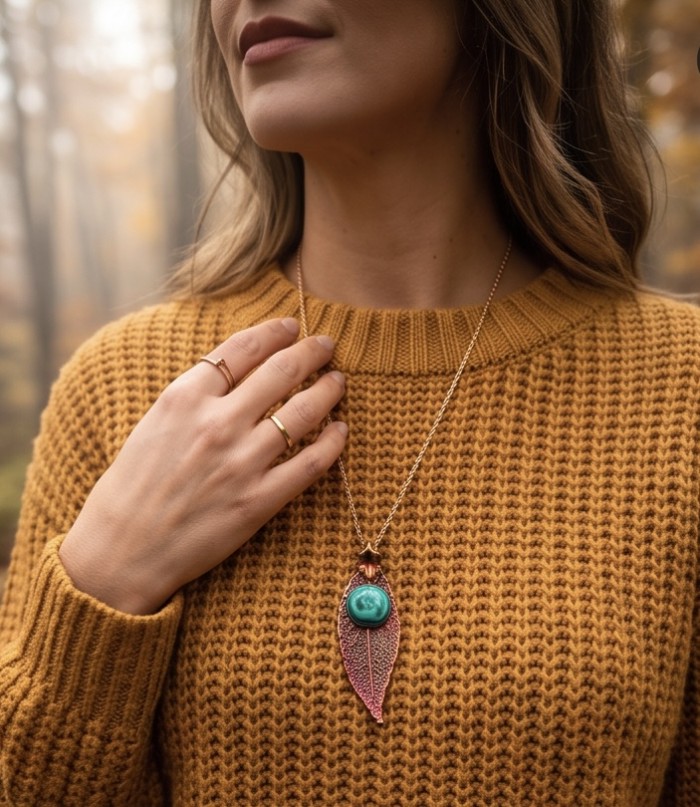 Stylish REAL Leaf dipped in Rose Gold 10.5 carat Malachite .925 Sterling Silver Pendant - Woman wearing necklace with malachite and rose gold leaf pendant