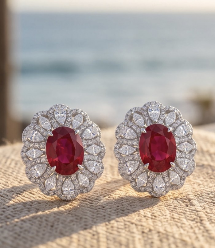 Genuine 3.8 carat Ruby rhodium over .925 Sterling Silver handcrafted Statement Earrings - Close-up of genuine 3.8 carat ruby earrings in Sterling Silver setting.