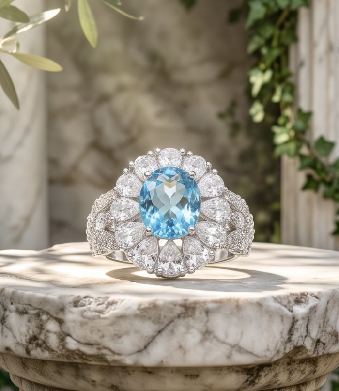 Atlantica 11.8 carat Swiss Blue Topaz .925 Sterling Silver dipped in rhodium handcrafted ring size 6 - Close-up of Atlantica ring with Swiss Blue Topaz and diamonds.