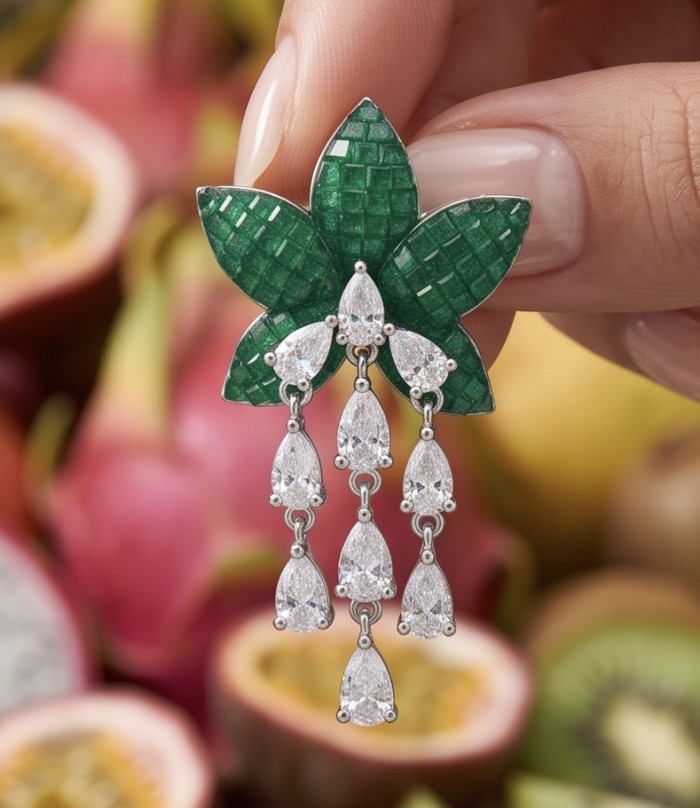 Born to Glam authentic 10.7 carat mystery setting Colombian Emerald .925 Sterling Silver handcrafted Statement earrings - Close-up of Born to Glam emerald and diamond jewelry piece.