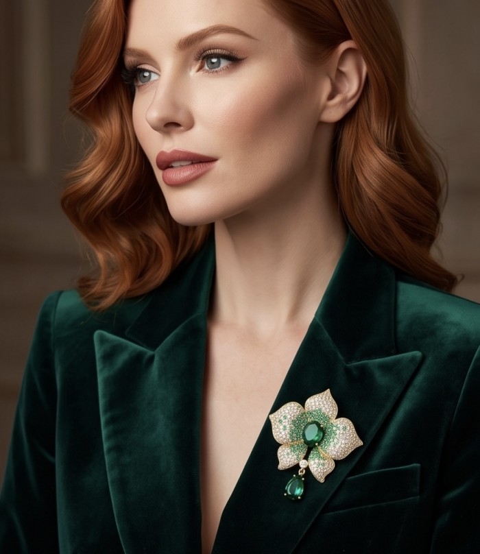 Heirloom Genuine 18.5 carat Colombian Emerald .925 Sterling Silver handmade Brooch - Woman wearing an emerald brooch on a dark green velvet blazer