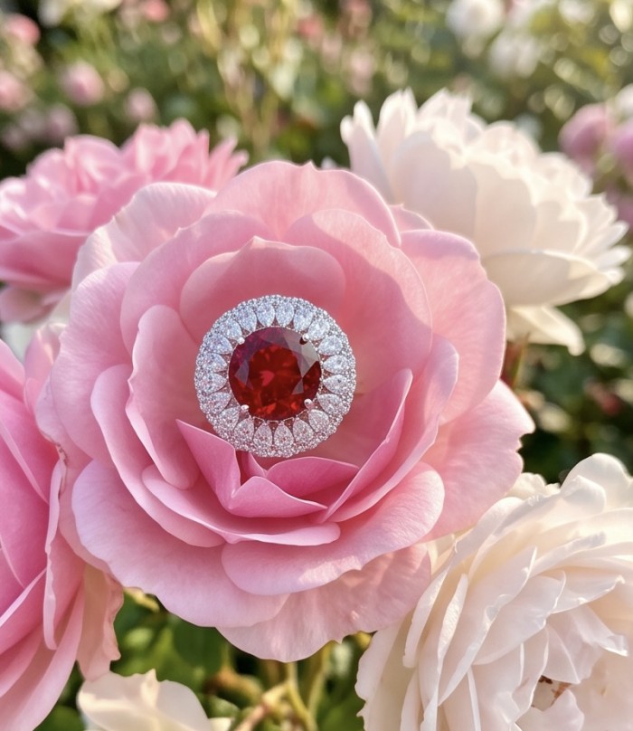 Scarlett 27.4 ctw oval cut Mozambique Ruby .925 Sterling Silver handcrafted Statement Ring size 7 - Close-up of Scarlett ruby ring set on pink rose petals