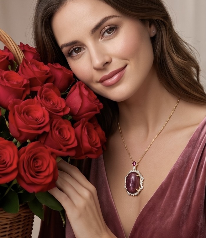 Rare finding! Deluxe 65.4 carat authentic Kashmir Star Ruby 22K Gold over .925 Sterling Silver handmade Statement Pendant - Woman wearing necklace with Kashmir Star ruby, holding bouquet of red roses.